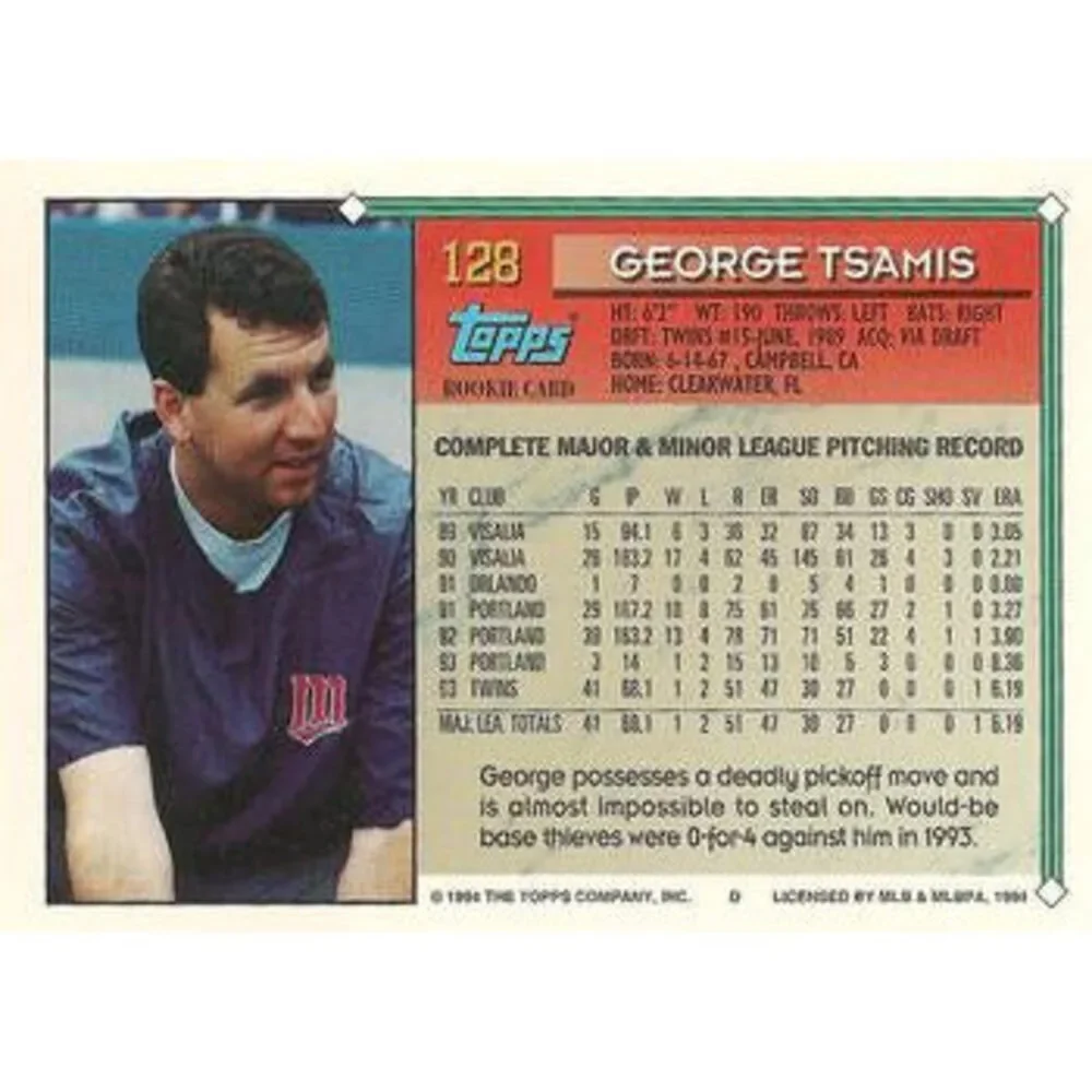 1994 Topps George Tsamis RC # 128 Minnesota Twins